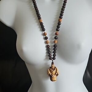Vintage Mala Bead Monk Pendant Prayer Necklace